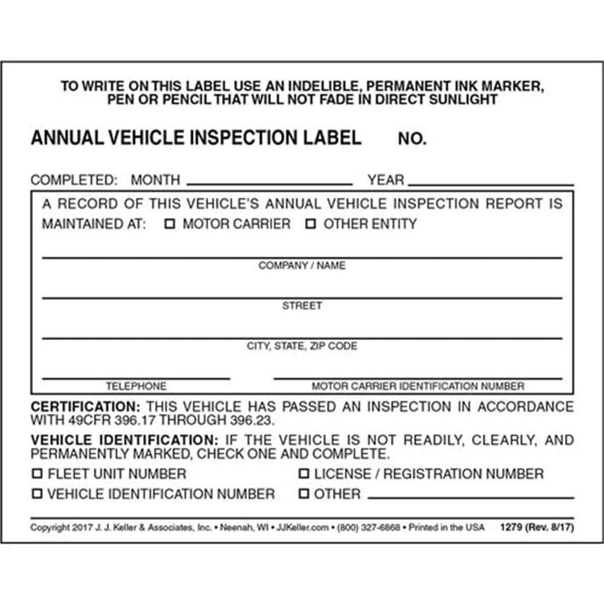 Tire Mechanic's Resource Annual Vehicle Inspection Label - Vinyl w/ Mylar L