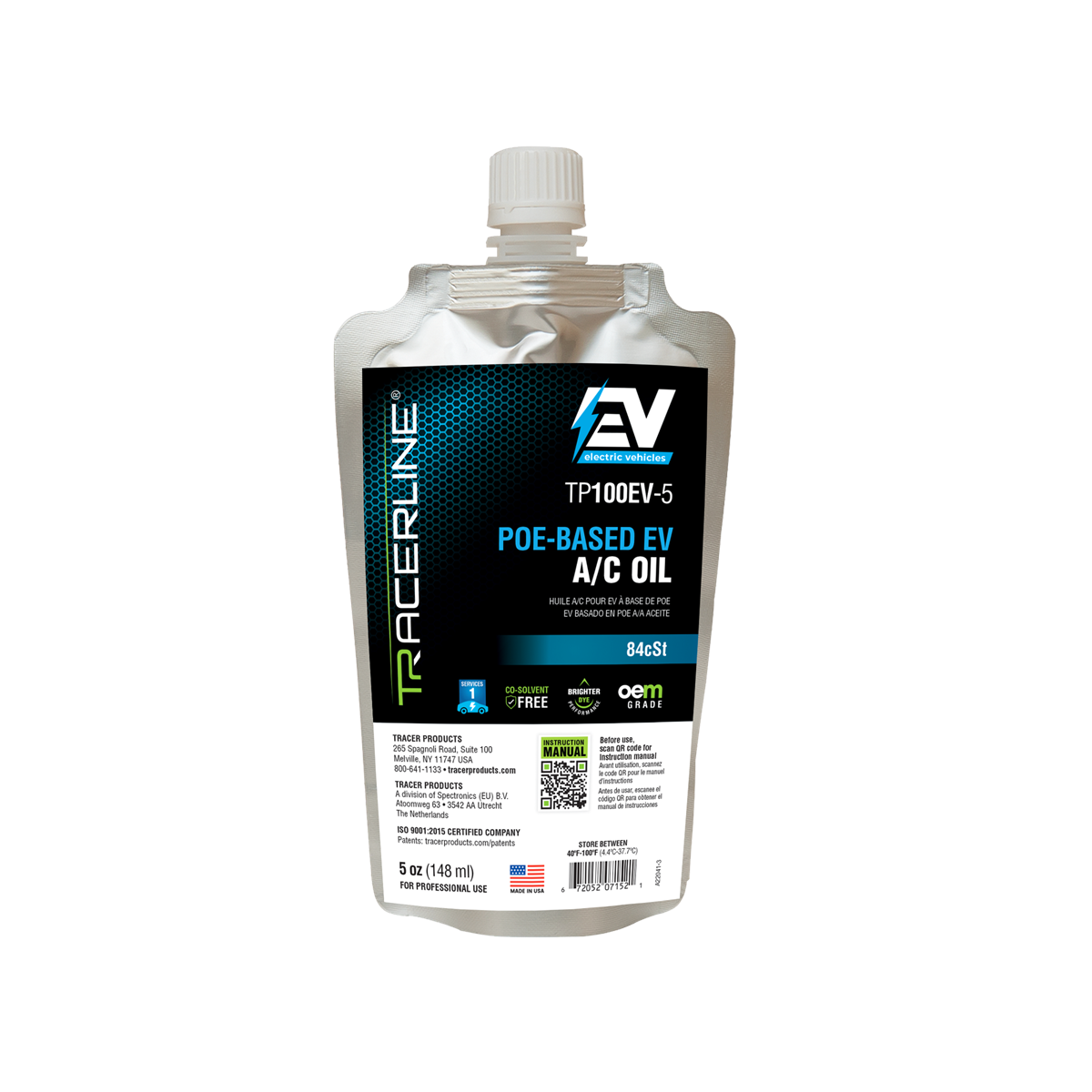 Tracer Products 5 oz (148 ml) foil pouch with POE-Based A/C oil for electric vehicles (compatible with R-1234yf and R-134a systems)