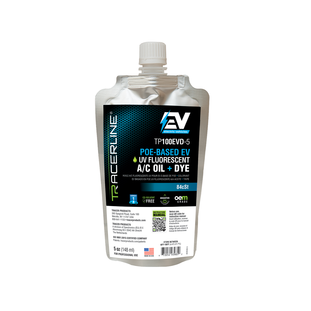Tracer Products 5 oz (148 ml) foil pouch POE-Based A/C oil with fluorescent dye for electric vehicles (compatible with R-1234yf and R-134a systems)