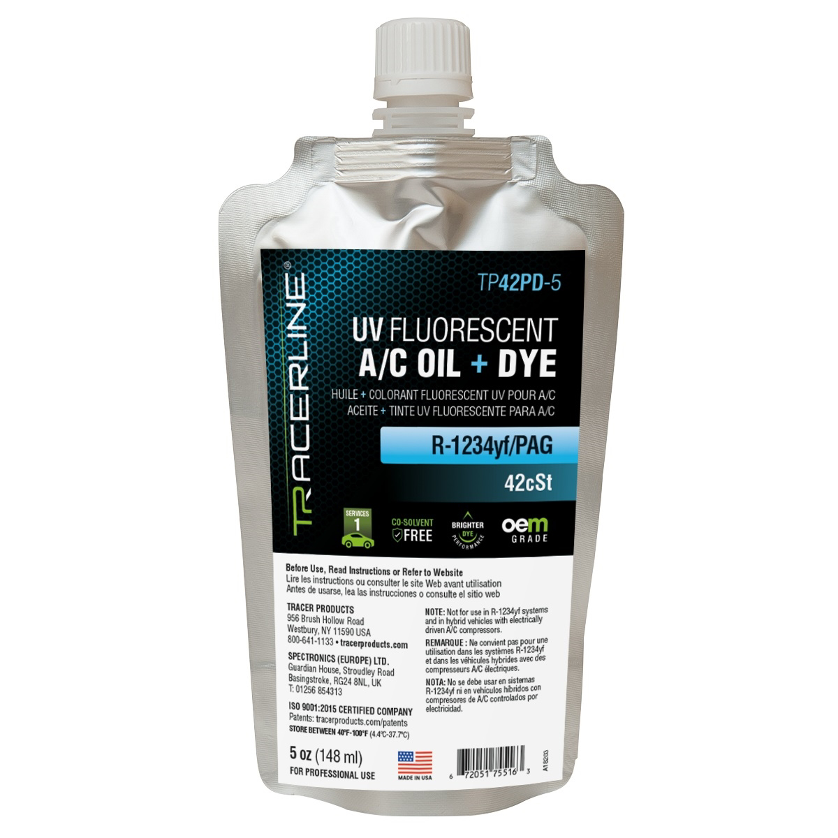 Tracer Products 5 oz (148 ml) foil pouch, R-1234yf/PAG with Dye