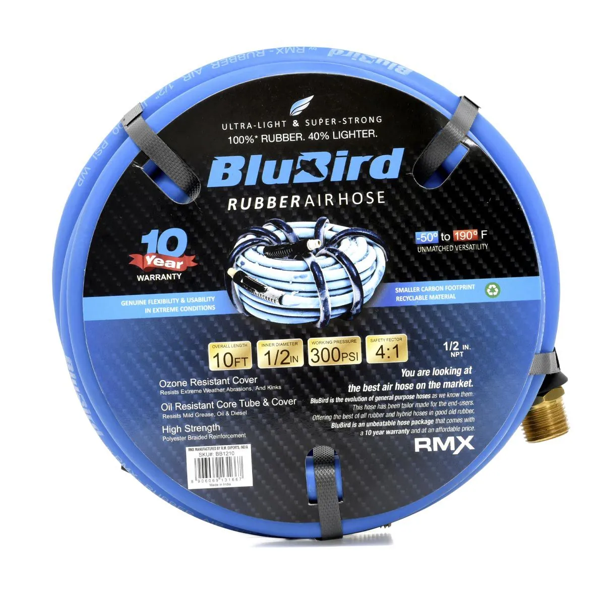 BluBird Rubber Air Hose Assembly 1/2" x 10'
