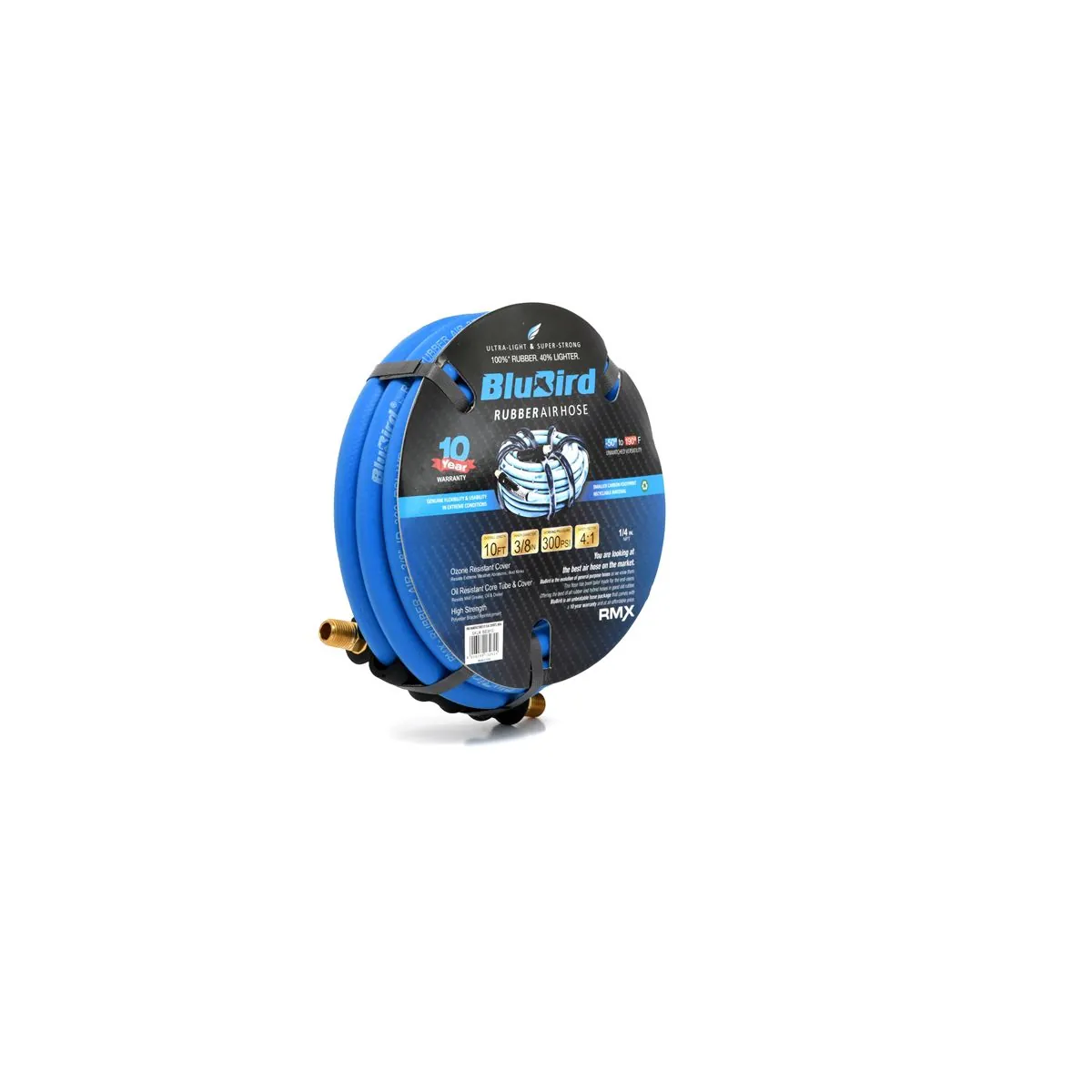 BluBird EPDM Rubber Air Hose 3/8 inch Heavy Duty 300 PSI Male NPT Polyester Woven Lightest Strongest Flexible - 10 Feet