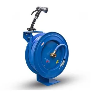 BluBird BluSeal 5/8 Inch x 50 Foot Heavy Duty Retractable Water Hose Reel with 6 Foot Lead-in Hot Water 500 PSI Hose with Brass Fittings and Spray Nozzle