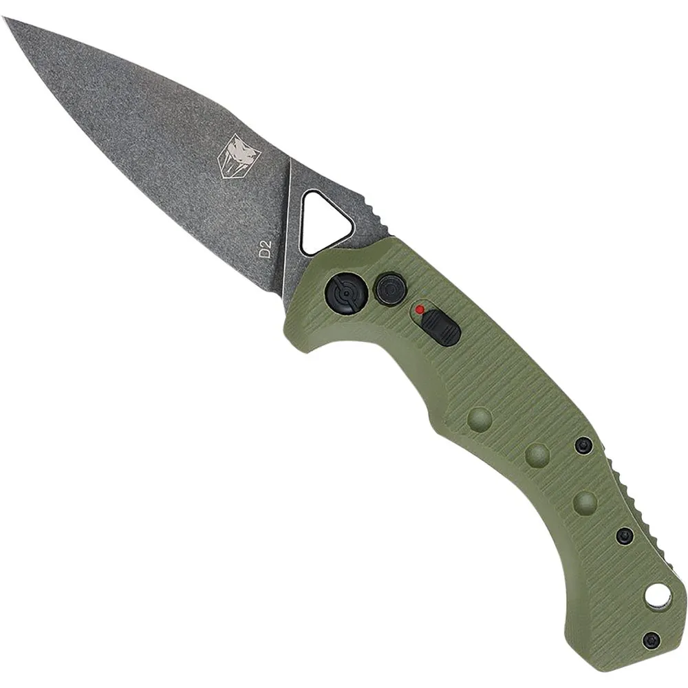 Ryker OD Green Button Automatic with 3.75 inch Stonewashed D2 blade