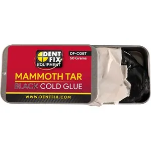 Dent Fix Mammoth Tar Black Cold Glue DF-CGBT is great for quickly and safely moving large areas of metal. Mammoth Tar Black Cold Glue adhesive is applied in normal room temperatures and is the one of the replacement cold glues included in the GLUEMAX Station (DF-GM//DXE sold separately).If a much higher adhesion is desired, the Arctic Ice Cold Glue is recommended with an extra adhesion force around 20-30% more compared to Mammoth Tar.