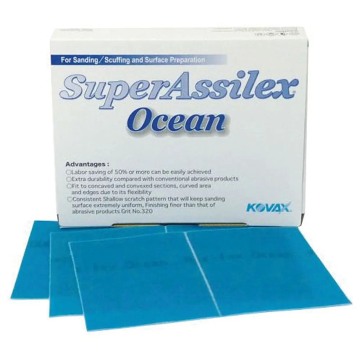 Eagle Abrasives, Inc. KOVAX Super Assilex 191-1515 Sanding Sheet, 130 mm W x 170 mm L, 360 Grit, Aluminum Oxide Abrasive, Ocean, Dry