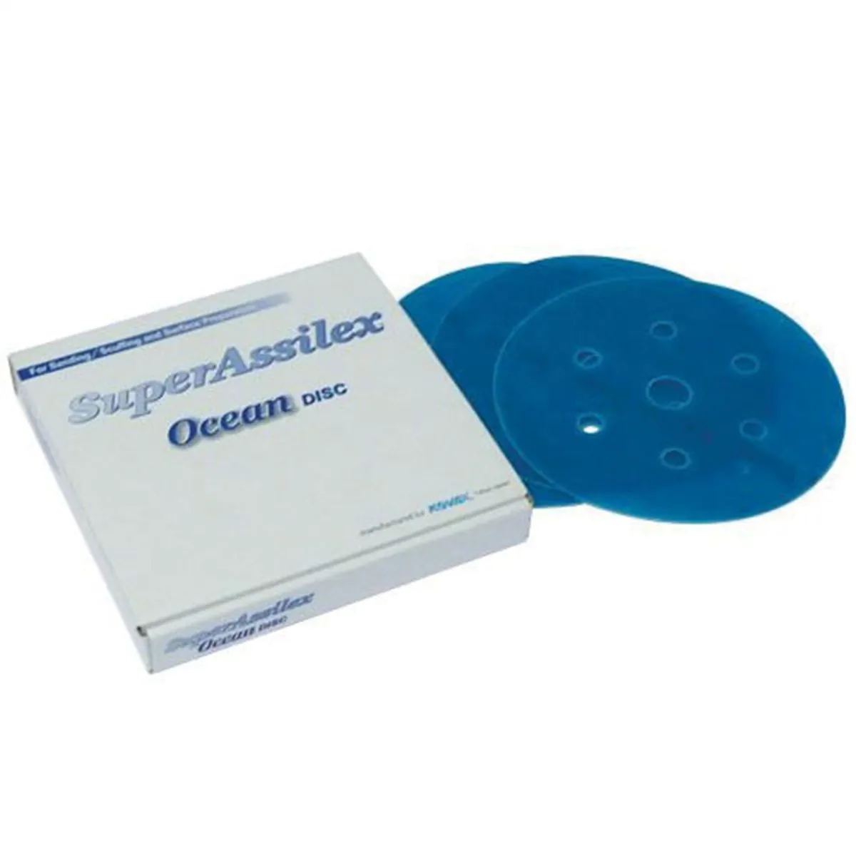 Eagle Abrasives, Inc. KOVAX Super Assilex 193-1545 Sanding Disc, 6 in Dia, 360 Grit, Ocean, Dry, Hook and Loop Attachment, 7 Holes