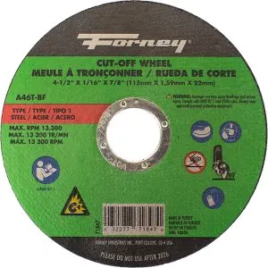 Cut-Off Wheel, Metal,Type 1, 4-1/2"x 1/16"x 7/8"