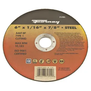 Forney Industries Cut-Off Wheel, Metal, Type 1, 6 in x 1/16 in x 7/8 in