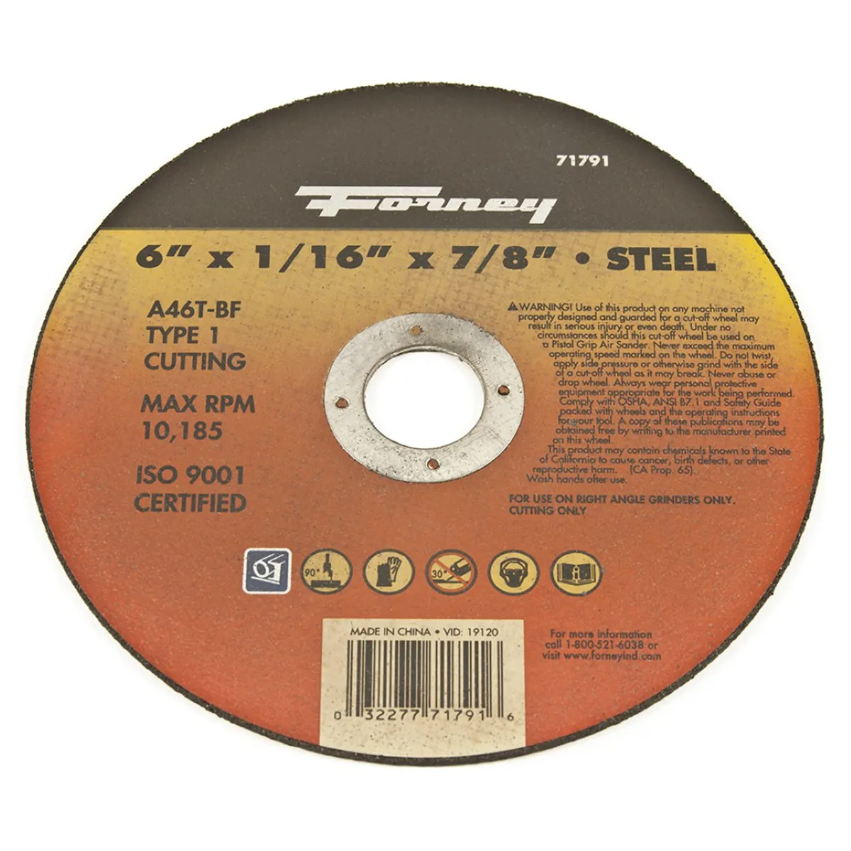 Forney Industries Cut-Off Wheel, Metal, Type 1, 6 in x 1/16 in x 7/8 in