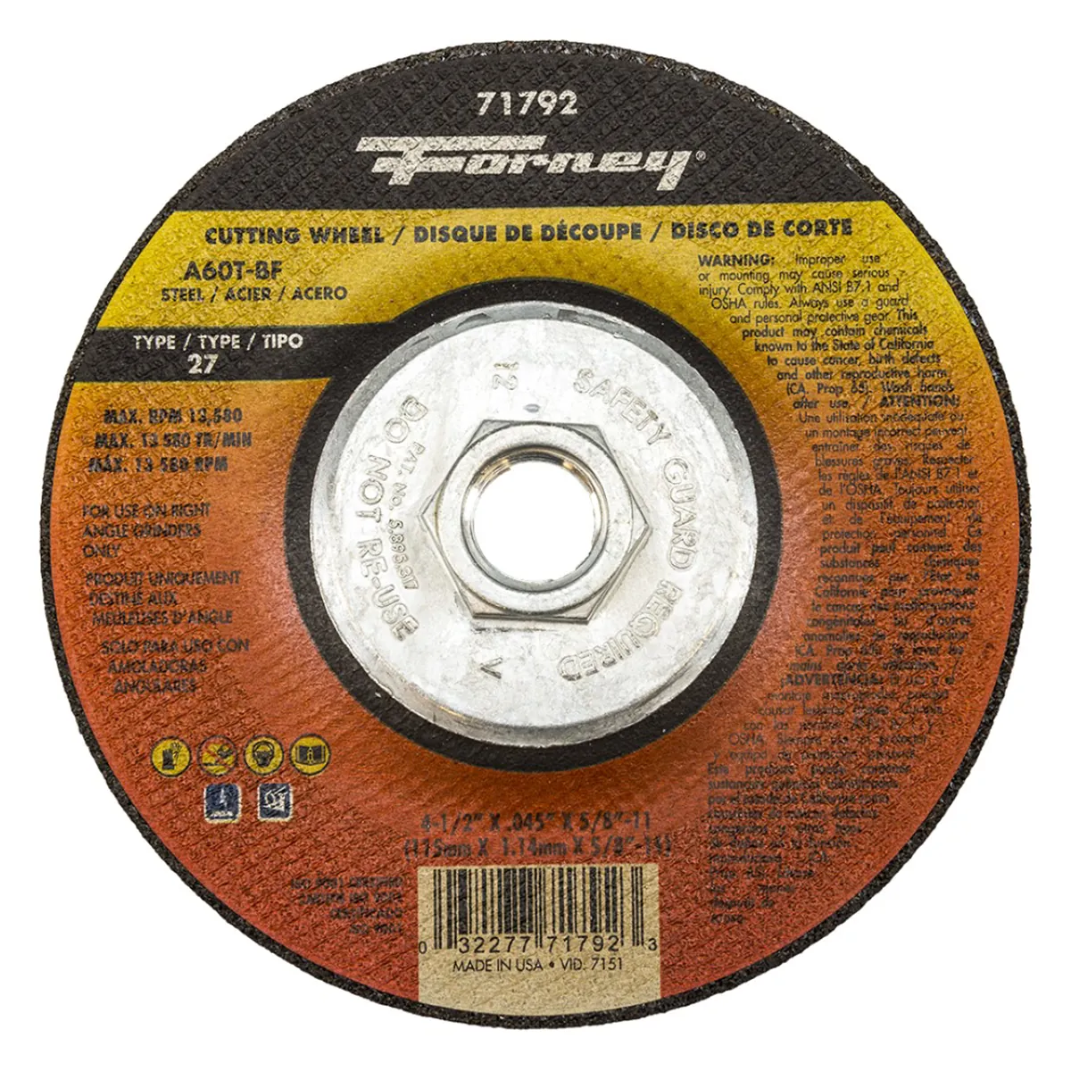Forney Industries Cut-Off Wheel, Metal, Type 27, 4-1/2 in x .045 in x 5/8 in-11