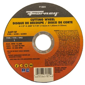 Forney Industries CUT-OFF WHEEL, METAL, TYPE 1 (FLAT), 4-1/2 IN X .040 IN X 7/8 IN