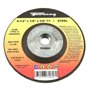 Forney Industries Grinding Wheel, Metal, Type 27, 4-1/2 in x 1/8 in x 5/8 in-11