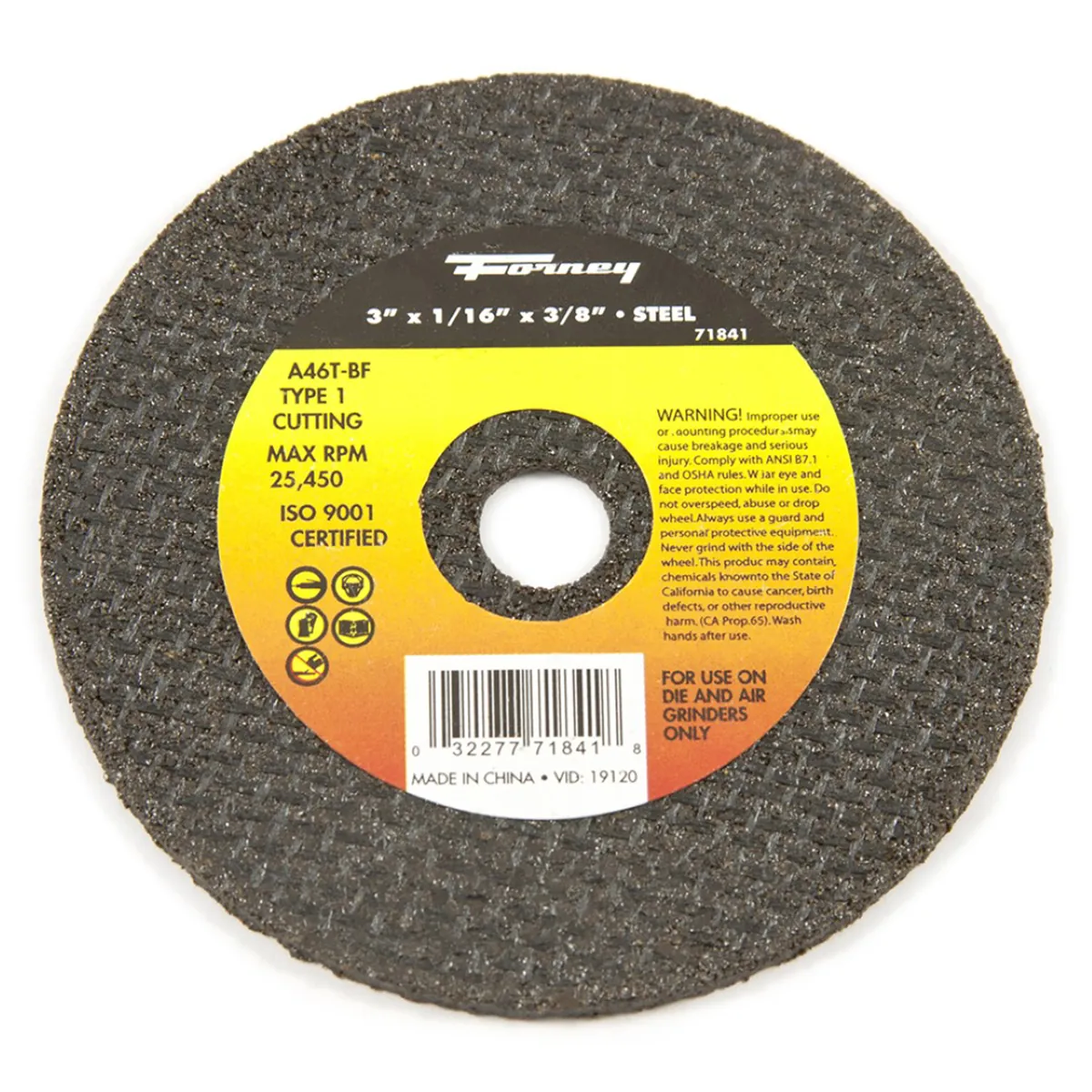 Forney Industries Cut-Off Wheel, Metal, Type 1, 3 in x 1/16 in x 3/8 in