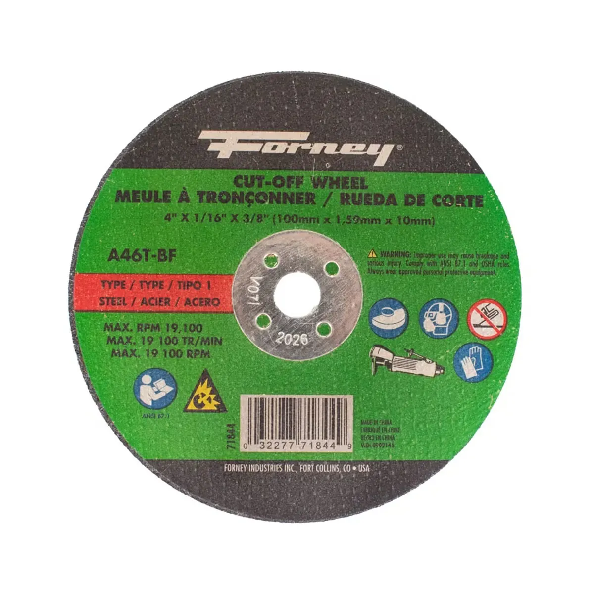 Forney Industries Cut-Off Wheel, Metal, Type 1, 4 in x 1/16 in x 3/8 in