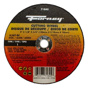 Forney Industries Cut-Off Wheel, Metal, Type 1, 4 in x 1/8 in x 3/8 in