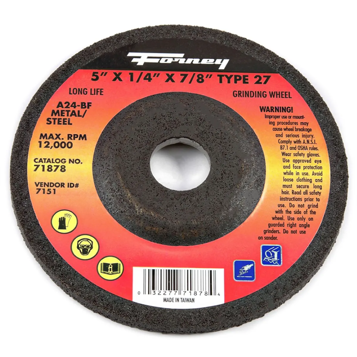 Forney Industries Grinding Wheel, Metal, Type 27, 5 in x 1/4 in x 7/8 in