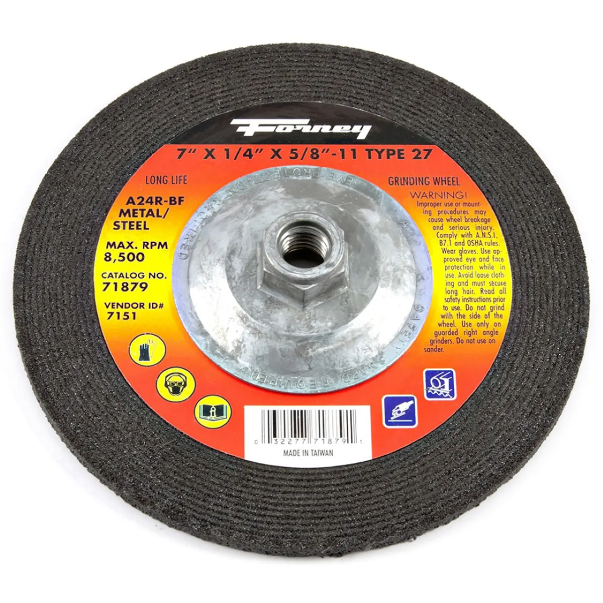 Forney Industries Grinding Wheel, Metal, Type 27, 7 in x 1/4 in x 5/8 in-11