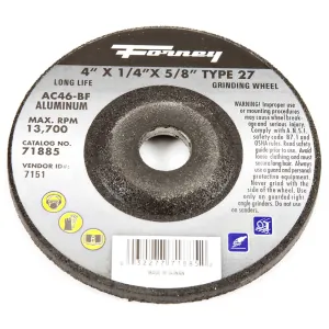 Forney Industries Grinding Wheel, Aluminum, Type 27, 4 in x 1/4 in x 5/8 in