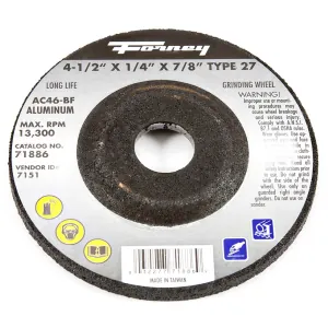 Forney Industries GRINDING WHEEL, ALUMINUM, TYPE 27, 4-1/2 IN X 1/4 IN X 7/8 IN