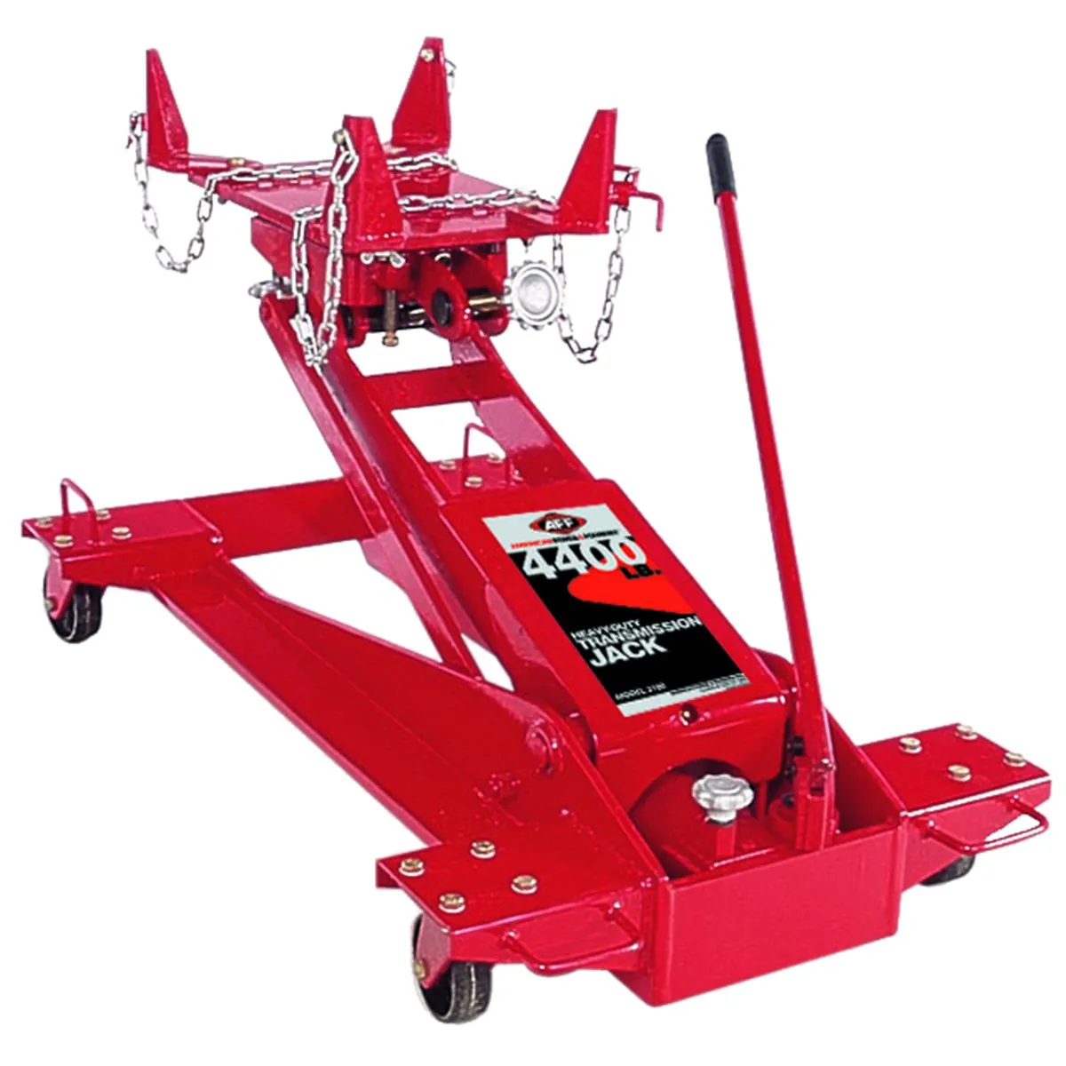 American Forge & Foundry Transmission Jack - Hydraulic - Floor Style - Square Style W/ Tool Trays - 4,400 Lbs. Capacity - 8.5" Min H to 34" High H - Manual Hand Pump - Heavy Duty