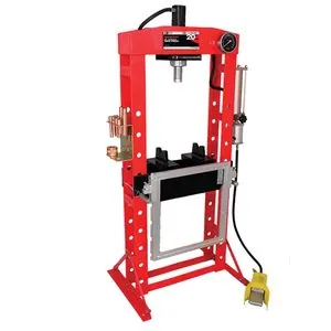 American Forge & Foundry Shop Press - 20 Ton Capacity - Foot Operated Air Motor/Manual Pump W/ Hydraulic Ram - Built In Polycarbonate Press Guard - 10 pc Pin & Bearing Press Adapter Set Included - SUPER DUTY