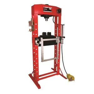 American Forge & Foundry Shop Press - 30 Ton Capacity - Foot Operated Air Motor/Manual Pump W/ Hydraulic Ram - Built In Polycarbonate Press Guard - 10 pc Pin & Bearing Press Adapter Set Included - SUPER DUTY