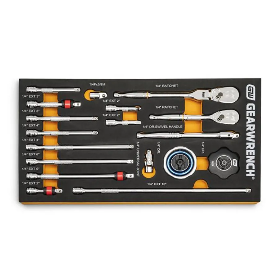 18 Pc. 1/4" Drive 90T Ratchets & 1/4" Drive Tool Accessories Set in EVA Foam Tray