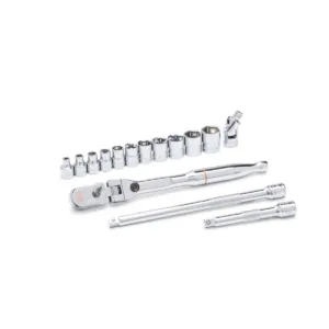 GearWrench 15 Piece 1/4 Inch Drive 120XP Locking Flex Head Ratchet and 6 Point Metric Stubby Socket Mechanics Tool Set