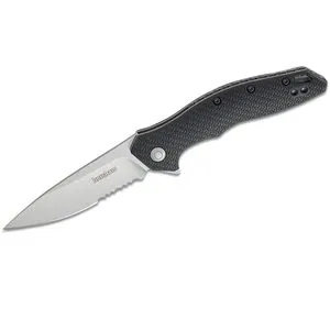 Kershaw Shoreline Serrated Assisted Open Liner Lock 8Cr13MoV Drop Point Blade with Stonewashed Finish EDC Folding Pocket Knife - Black