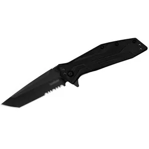 Kershaw Brawler Serrated Assisted Open Liner Lock 8Cr13MoV Tanto Blade with Black-oxide coating EDC Folding Pocket Knife - Black