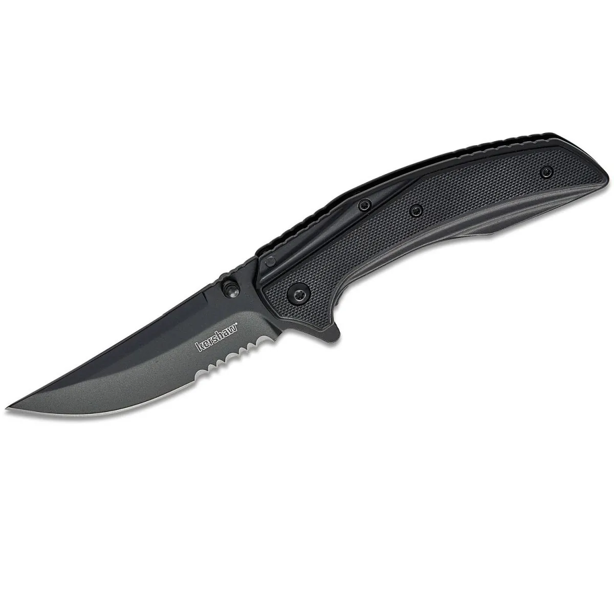 Kershaw Outright Serrated Assisted Open Frame Lock 8Cr13MoV Trailing Point Blade with Black PVD coating EDC Folding Pocket Knife - Black