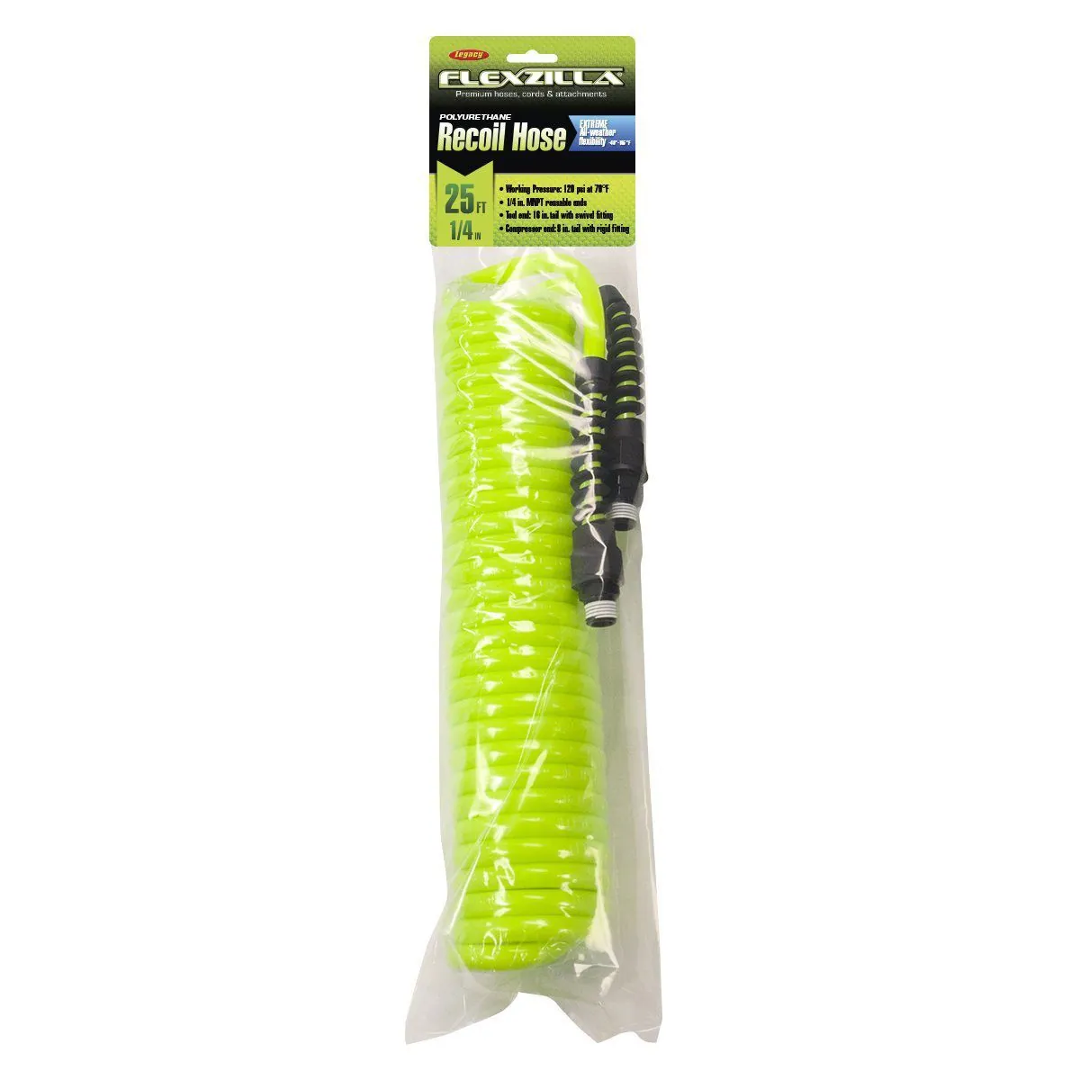 Legacy Manufacturing Flexzilla Polyurethane Recoil Hose, 1/4" x 25', 1/4" MNPT Fittings