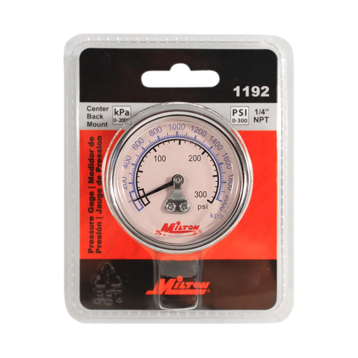 Milton Industries Gage 1/4" NPT, 0-300 PSI - Center Mount