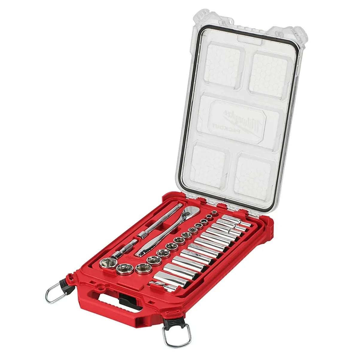 Milwaukee Tool 3/8” Drive 28pc Ratchet & Socket Set with PACKOUT Low-Profile Compact Organizer - SAE