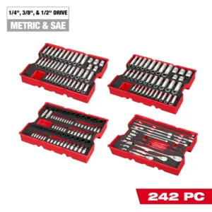 Milwaukee Tool 242 Piece 1/4 Inch, 3/8 Inch, and 1/2 Inch Drive Metric and SAE Ratchet and Socket Set with Trays for PACKOUT Drawers