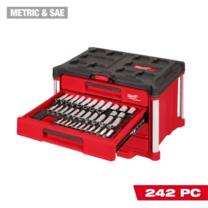 Milwaukee Tool 242 Piece 1/4 3/8 1/2 Inch Drive Metric and SAE Ratchet and Socket Set with Packout 4 Drawer Tool Box
