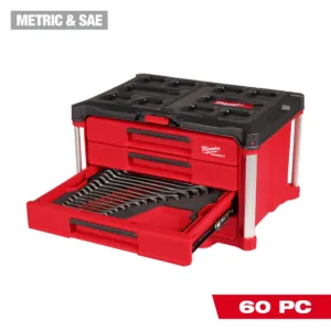 Milwaukee Tool 60 Piece Metric and SAE Combination Wrench Set with PACKOUT 4 Drawer Tool Box