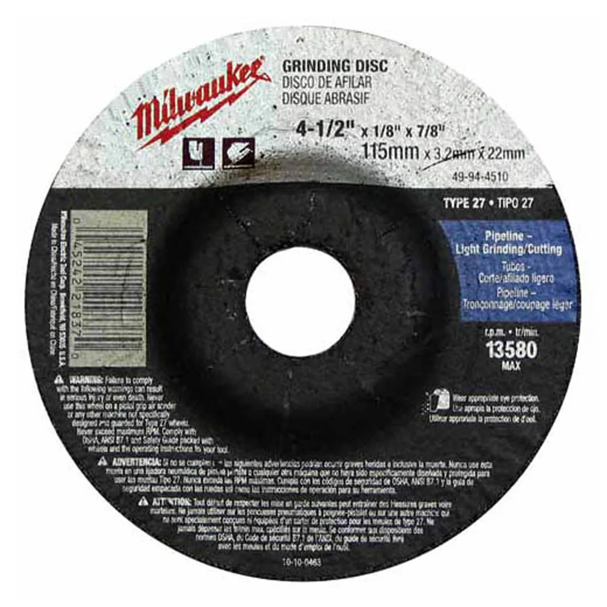 Milwaukee Tool 5" x 1/4" x 7/8" Grinding Wheel (Type 27)