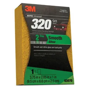 3M 03070 Performance Sanding Sponge, 3-3/4 in W x 2-5/8 in L, 1 in THK, 320 Grit, Fine Grade, Yellow Color