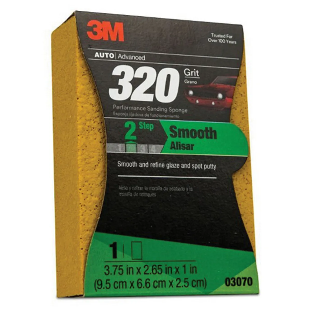3M 03070 Performance Sanding Sponge, 3-3/4 in W x 2-5/8 in L, 1 in THK, 320 Grit, Fine Grade, Yellow Color