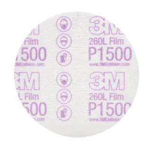 3M 00951 260L Series Abrasive Disc, 5 in Dia, P1500 Grit, Hook and Loop, White
