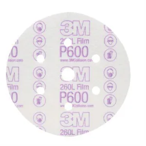 3M 01071 260L Series Dust Free Abrasive Disc, 6 in Dia, P600 Grit, Hook and Loop, White