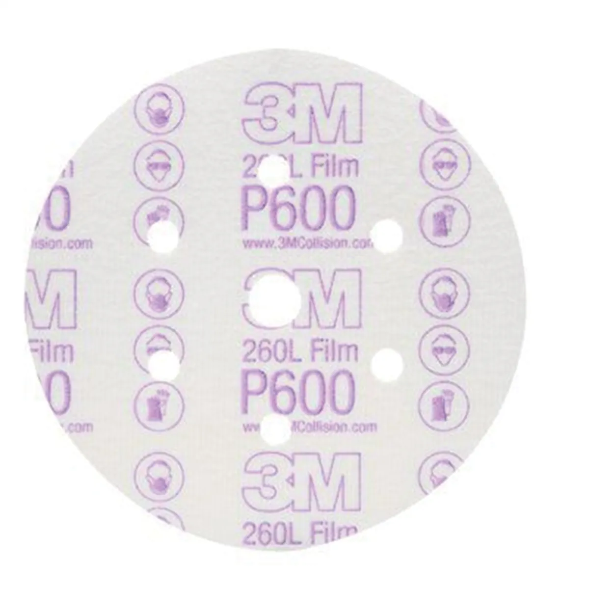 3M 01071 260L Series Dust Free Abrasive Disc, 6 in Dia, P600 Grit, Hook and Loop, White
