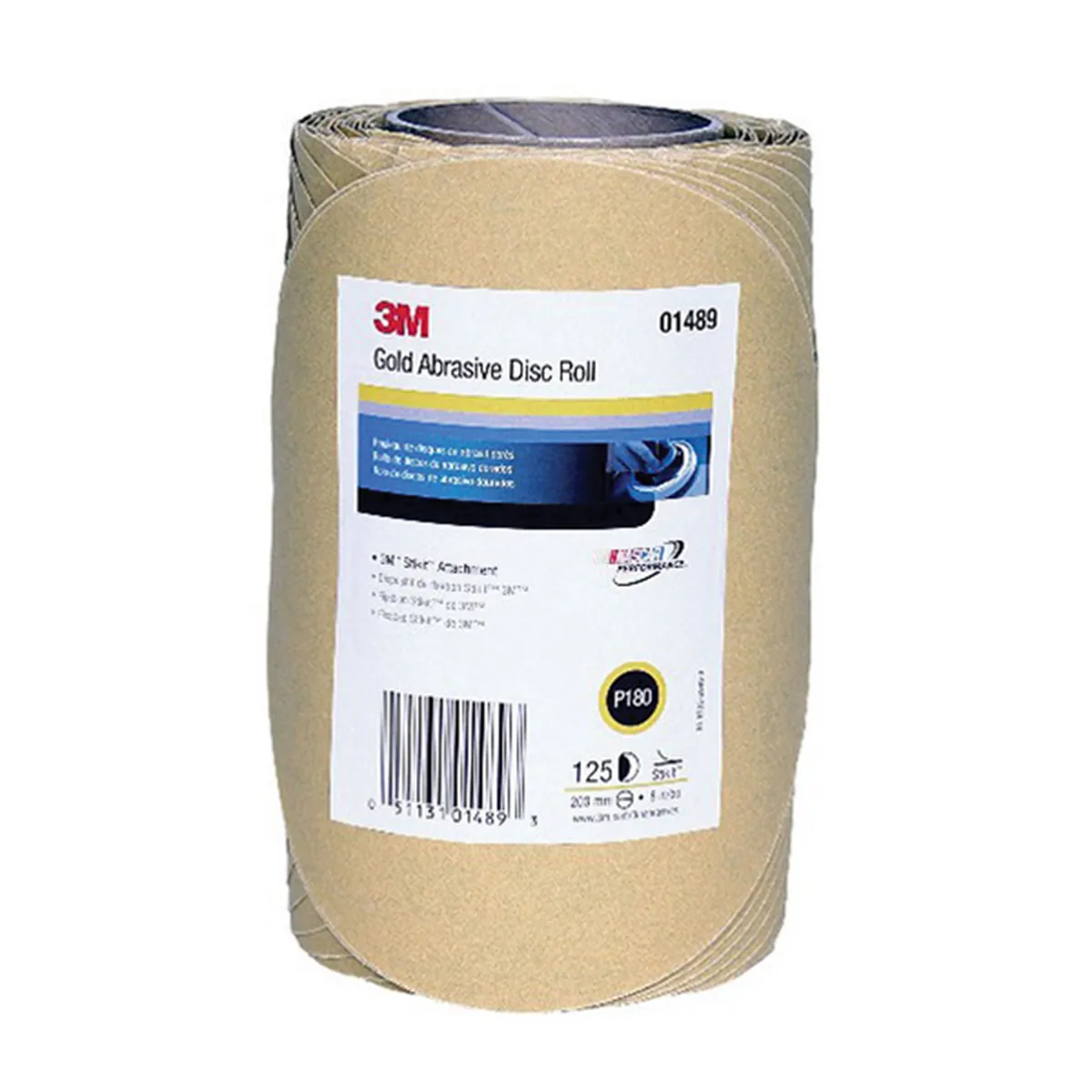 3M 01489 236U Series Abrasive Disc Roll, 8 in Dia, P180 Grit, PSA, Gold