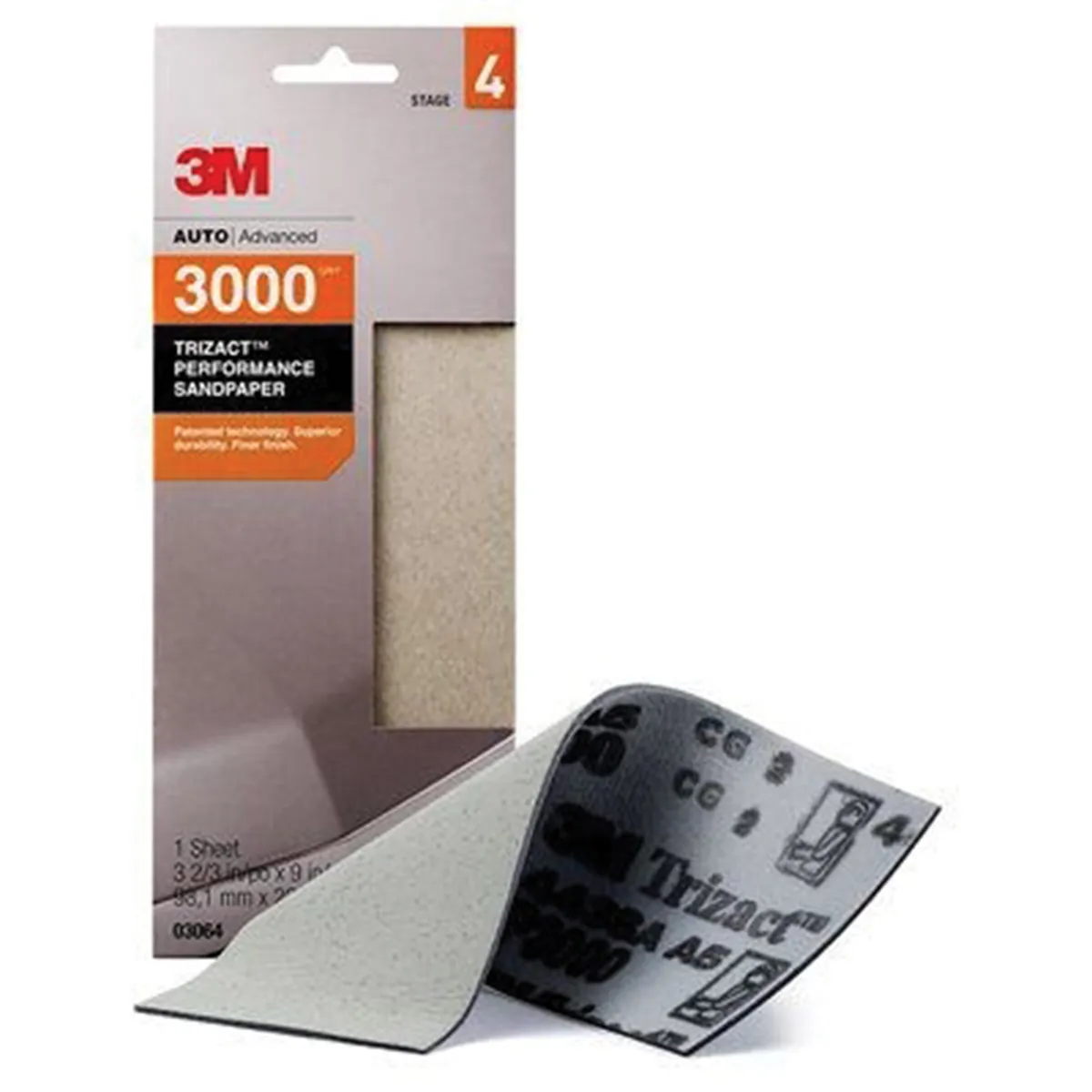 3M Trizact 03064 Sandpaper, 3-2/3 in W x 9 in L, 3000 Grit, Very Fine Grade, Aluminum Oxide Abrasive, Gray, Wet/Dry