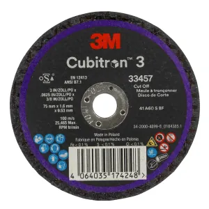 3M Cubitron 3 Cut-Off Wheel 33457, 75 mm x 1.6 mm x 9.53 mm, 5 EA/PK, 6 PK/CS