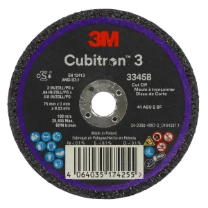 3M Cubitron 3 Cut-Off Wheel 33458, 75 mm x 1 mm x 9.53 mm, 5 EA/PK, 6 PK/CS