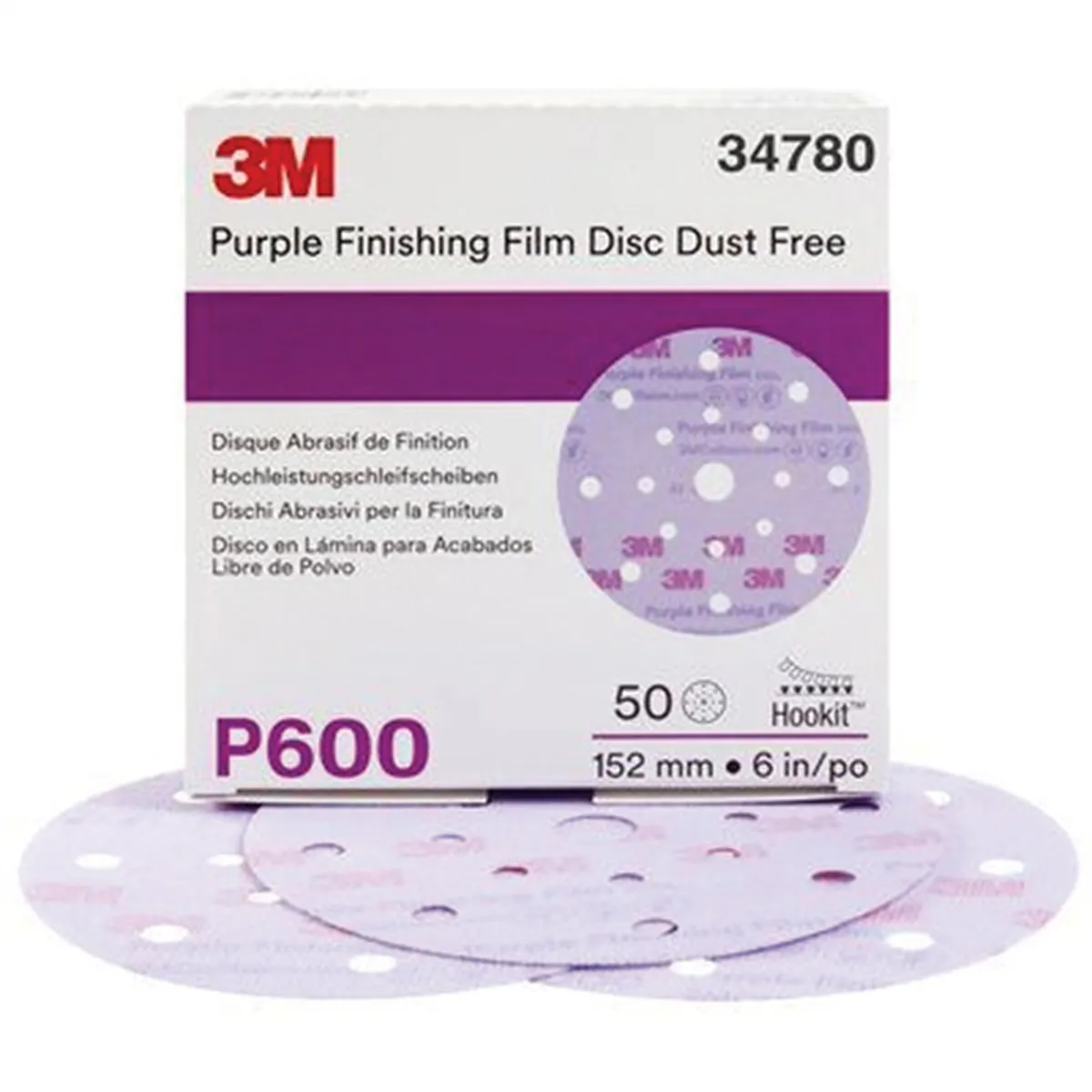 3M 34780 260L Series Dust Free Abrasive Disc, 6 in Dia, P600 Grit, Hook and Loop, Purple