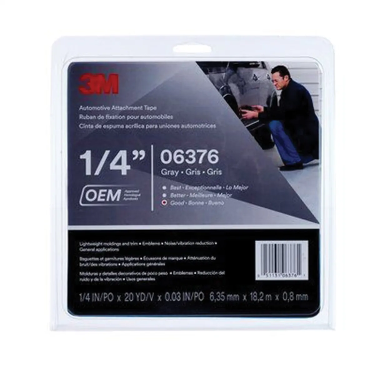 3M 06376 Automotive Attachment Tape, 20 yd x 1/4 in, 0.76 mm THK, Gray